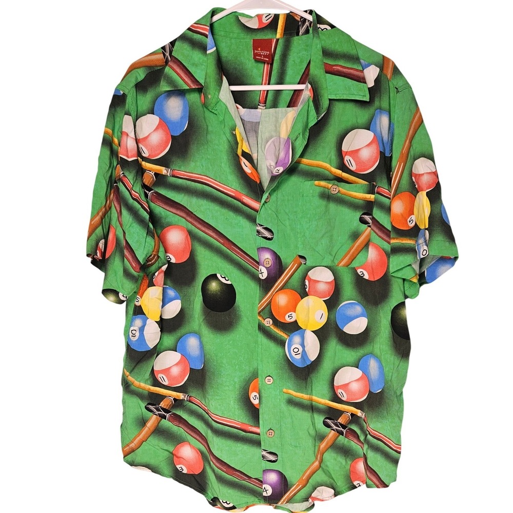 Junction West‎ Mens Billiards Pool Ball Graphic Rayon Short Sleeve Shirt Green L